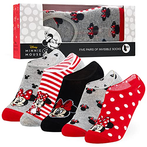 Disney Calcetines Tobilleros Niña, Packs de 5 Pares de Calcetines Invisibles, Regalos para Niñas (Gris/Rojo)