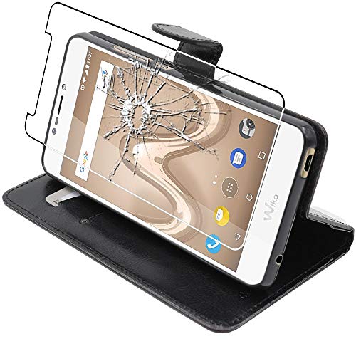 ebestStar - Coque Compatible avec Wiko Tommy 2 Plus Etui PU Cuir Housse Portefeuille Porte-Cartes Support Stand, Noir + Film Protection écran Verre Trempé [Appareil: 155.3 x 76.8 x 8.9mm, 5.5'']