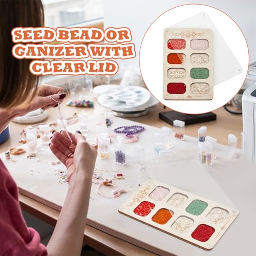 Image of AHANDMAKER Wooden Jewelry Storage Tray with Glass Lid Wood Bead Board with Lid 8 Slot Old Lace Bead Storage Organize with Cover for Beads, Bracelets 4.72 x 7.68 x 0.37 Inch