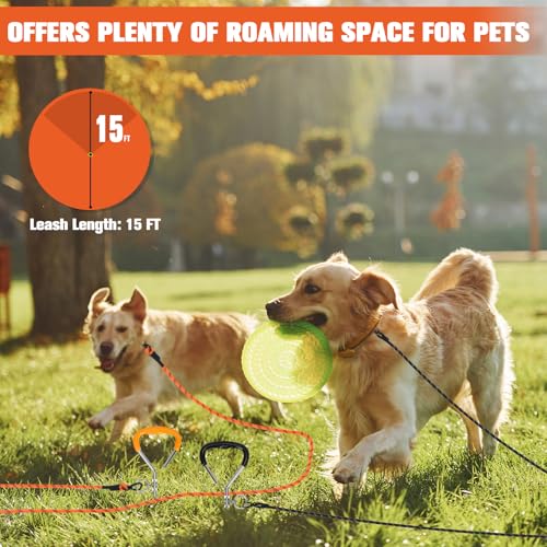 Image of Mihachi Dog Tie Out Stake and Long Dog Leash, Reflective Recall Training Lead Leash with Removable Handle,15.8in Ground Stake,Ideal for Yard,Camping and Beach, Suitable for Medium Dogs,Orange 15FT