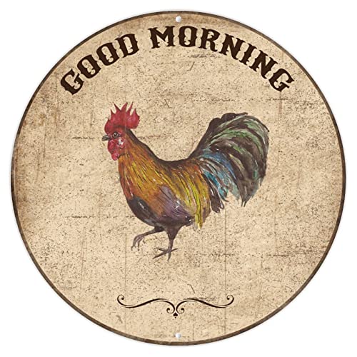 Alioyoit Placa de metal de metal con acento de granja de pollo, buenos días, divertido, redondo, vintage, letrero de metal retro, decoración de pared, pintura adecuada para jardín, pub, bar