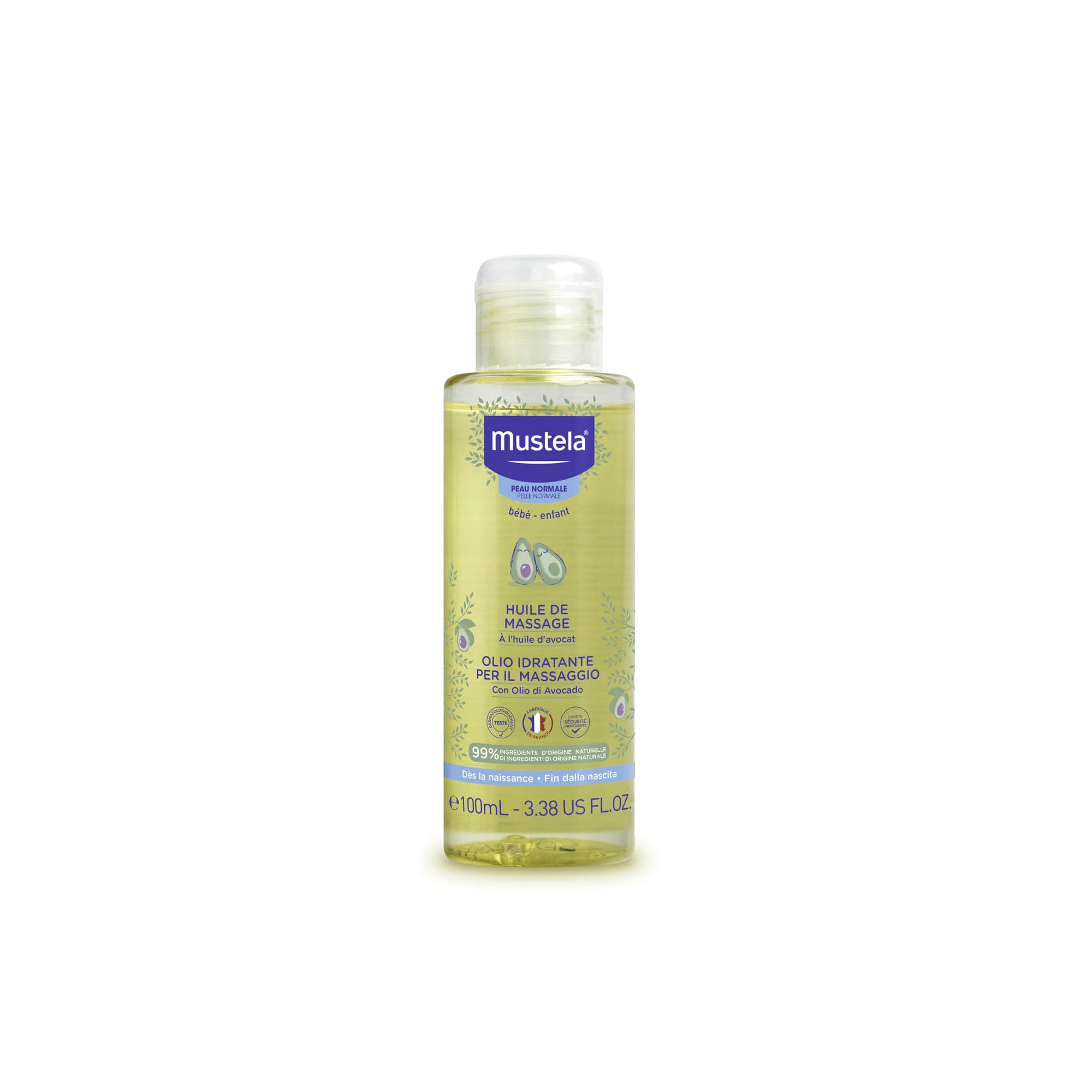 Mustela Olio Idratante per il Massaggio Neonatale con Avocado, Melograno, Girasole, Corpo Neonati e Tutta la Famiglia - Idrata e Mantiene la Pelle Morbida, 99% Ingredienti di Origine Naturale (100ml)