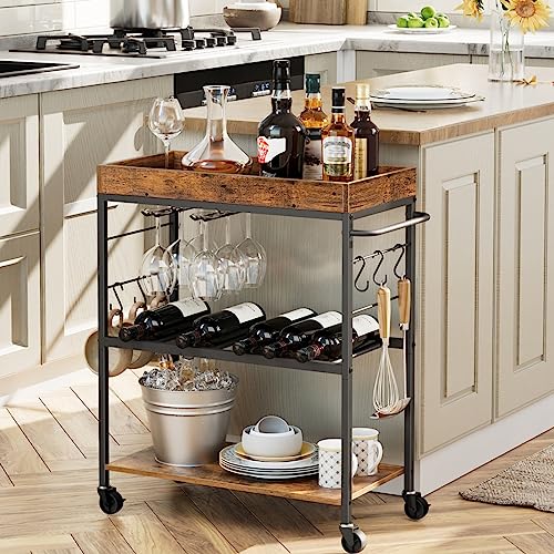 Mahancris Bar Cart For The Home, 3-Tier Serving Cart, Rolling Storage Cart With Wine Rack And Cup Holder, Beverage Cart With Storage Shelves, For Kitchen, Dining Rooms, Bar, Rustic Brown Rchr3001Z #TOP2