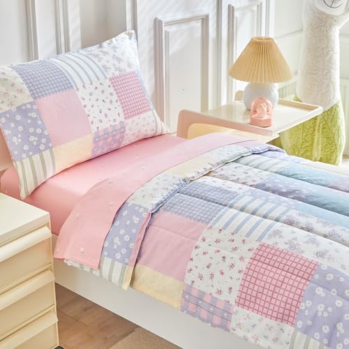 Image of Joyreap 4 Piece Cotton Toddler Bedding Set- Colorful Flowers Patchwork Design, Toddler Comforter Set for Girls, Includes Quilted Comforter, Fitted Sheet, Top Sheet, and Pillow Case