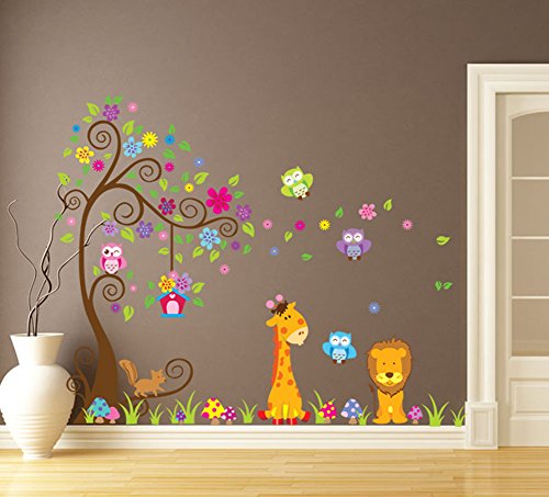 Wallpark Grande Vistoso Flor Árbol con Lindo Búhos Jirafa León Desmontable Pegatinas de Pared Etiqueta de la Pared, Bebé Niños Hogar Infantiles Dormitorio Vivero DIY Decorativas Arte Murales Cover