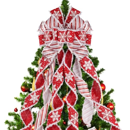 N&T NIETING Valentines Snowflake Tree Topper Wreath Bow, Large Christmas Bow Tree Toppers, Red White Stripe Bow for Xmas Ornament Holiday Home Wedding Thanksgiving Indoor/Outdoor Decoration 52