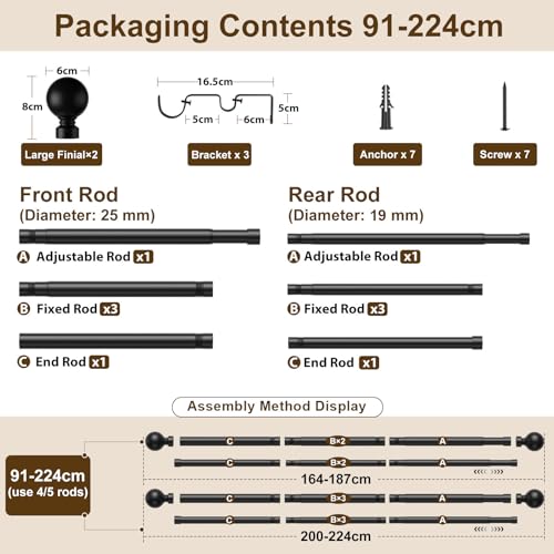 TRAROD 25mm Diameter Double Curtain Pole 91-224 cm, for 51-194 cm Windows, Extendable Curtain Poles for Eyelet Curtains, Heavy Duty Long Black Curtain Rod with Brackets for Bedrooms, Living Rooms - Image 6