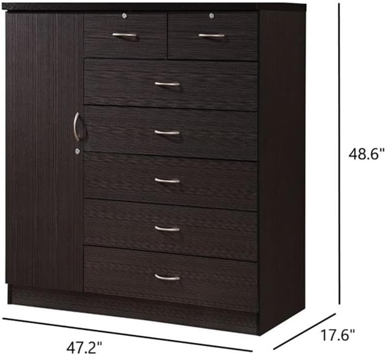 Pemberly Row Tall 7 Drawer Chest with 2 Locking Drawers and Garment Rod or Extra Storage in Chocolate Brown