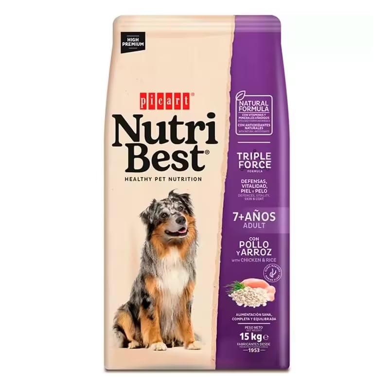 Picart Nutribest Senior Pollo & Arroz 15 Kg - Comida para Perros - Alimento Completo para Perros Adultos - Pollo y Arroz Natural