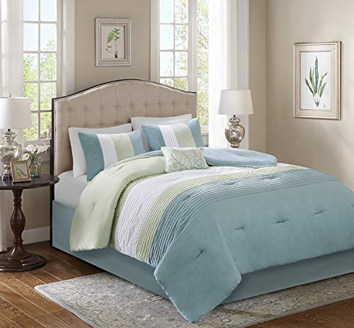 Comfort Spaces Windsor 5 Piece Full/Queen Comforter Pintuck Pleated Striped Pattern Ruffled Patchwork Down Alternative Bedding Sets, Light Green/Off White