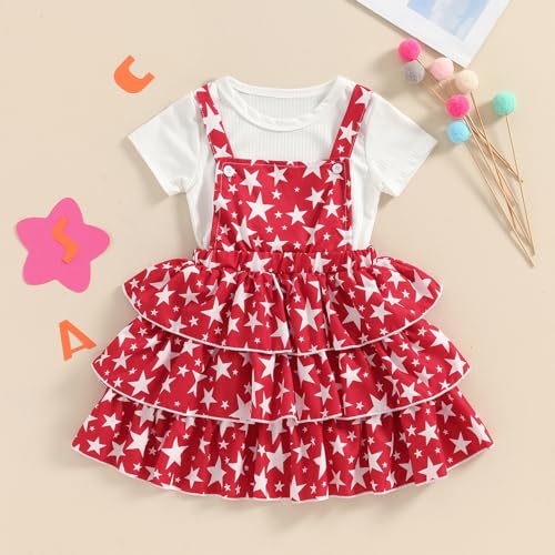 Image of Toddler Baby Girl Summer Clothes Kids Short Sleeve Solid T-Shirt Ruffle Daisy Skirts Overalls Dress Outfit 18M-6T