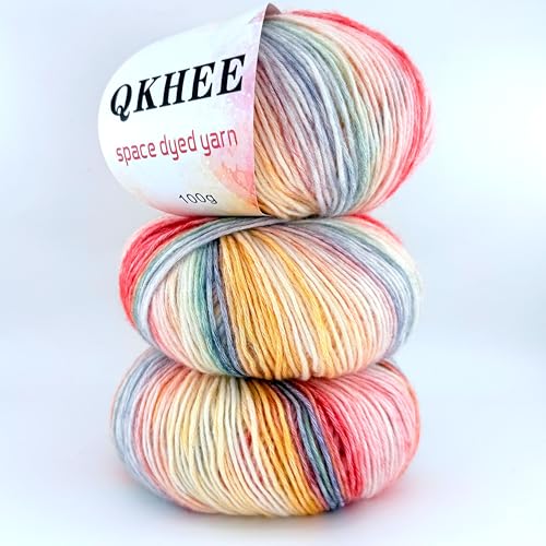 QKHEE グラデーション毛糸 段染 並太 コットン混紡 ふわふわ編み糸 3玉セット 1玉約100g約220m かぎ針編み 編み物 編み糸 マフラー 帽子用糸 (朝焼け)