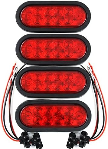 ROULERUS seller-ADarkeningMask$$$ (4) Trailer Truck LED Sealed RED 6" Oval Stop/Turn/Tail Light Marine Waterproof Including 3-pin water tight plug DOT/SAE with wires and Grommet