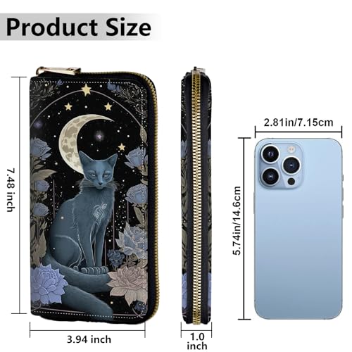 Image of Women's Wallets,Credit Card Holder Money Leather Long Wallet with Wristlet,Large Capacity with Zip-Around Phone Purse for Women Ladies Girls,Purple Flower&Cat
