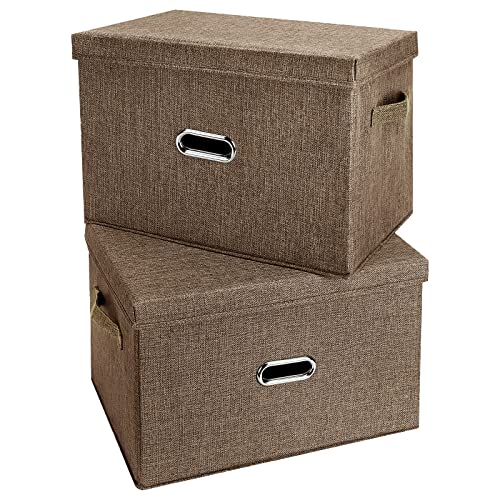 Valease Large Linen Fabric Foldable Storage Bins with Removable Lid and Handles, Washable Storage Box Organizer Containers Baskets Cube with Cover for Bedroom,Closet,Office (Coffee, Small(2-Pack))