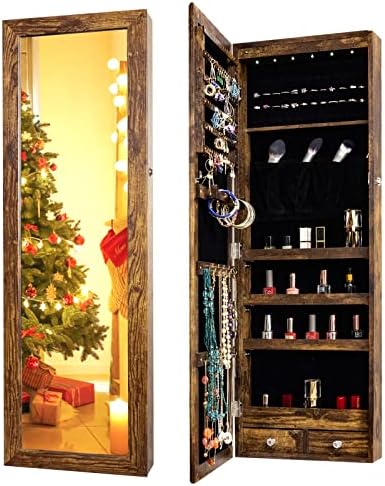 KEDLAN Mirror Jewelry Cabinet, Upgraded 6 LED Lights Wall/Door Mounted Jewelry Armoire Organizer, 43.3" Full Length Mirror with Storage, Lockable Makeup Organizers and Storage