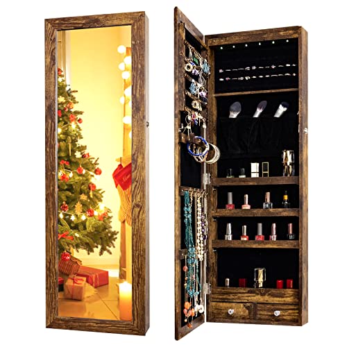 Kedlan Mirror Jewelry Cabinet, Upgraded 6 Led Lights Wall/Door Mounted Jewelry Armoire Organizer, 43.3" Full Length Mirror With Storage, Lockable Makeup Organizers And Storage #TOP26