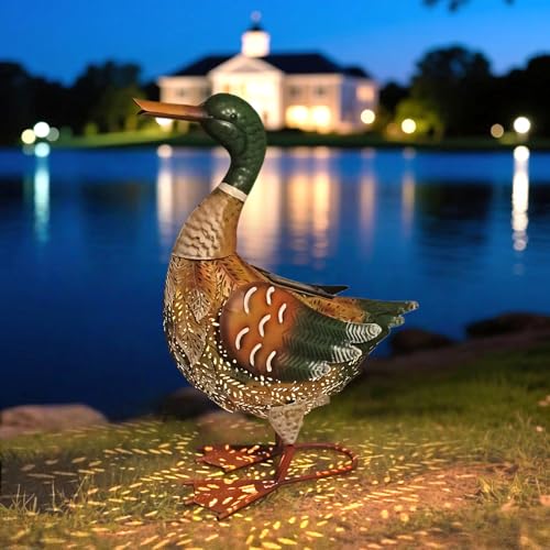 HONGLAND Solar Outdoor Metal Duck Sculpture, 16" Mallard Duck Garden Statue with Lights for Outdoor Patio, Backyard, Lawn, Home Kitchen Decoration