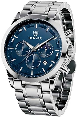 BY BENYAR Mens Watches Chronograph Stainless Steel Waterproof Date Analog Quartz Watch Business Casual Fashion Wrist Watches for Men
