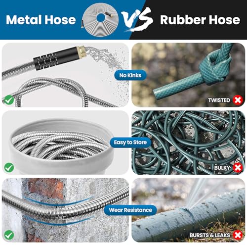 Metal Garden Hose 50FT, Stainless Steel Water Hose with 10 Function Nozzle, Solid Brass Fittings, Lightweight, Kink-Free & Dog Chew Proof for Lawn, Yard, RV, Car Wash, 550PSI - Thumbnail 7