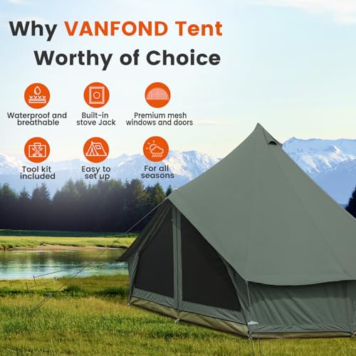 VANFOND Canvas Bell Tent, Yurt with Stove Jack, Waterproof and Breathable Glamping Wall Tent, Detachable Groundsheet for Camping Party - Image 3