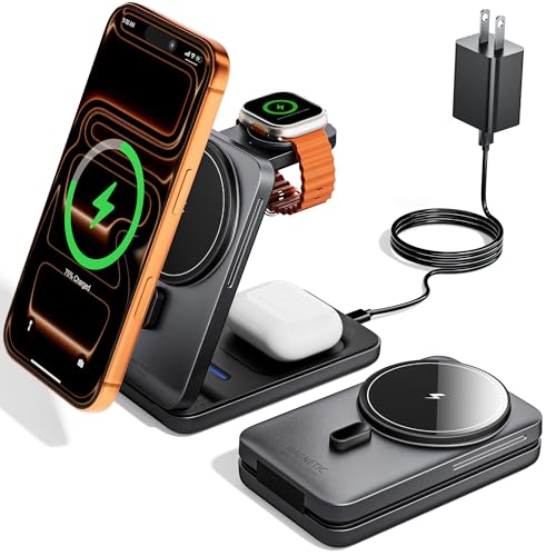 Deal: KPON for Magsafe Travel Charging Station, 3 in 1 Foldable Magnetic Phone Charger Stand for Apple, Wireless Charging Dock for Multiple Devices iPhone 17 16 15 14 13 12 Series/Apple Watch/Airpods