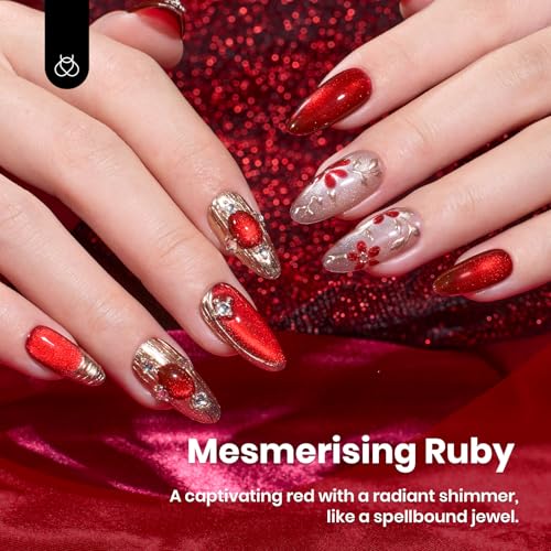 Image of beetles Gel Polish Ruby Red Cat Eye Gel Nail Polish - 15ML Glitter Gel Polish Magnetic Shimmer Effect Soak Off UV French Nail Art Design Salon DIY Manicure Gifts for Women