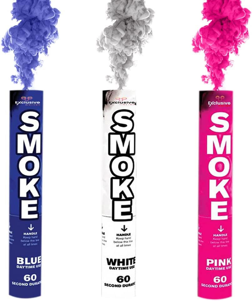 Pack of 3 Party Ring Pull Handheld Daytime Smoke for Paintball, Weddings, Photoshoots & Special Effects (Blue, White & Pink)