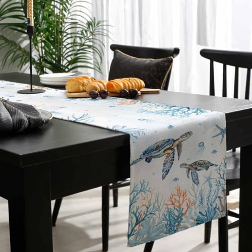 Chemin de table tortue de mer bleu : la solution pour table de 228 cm