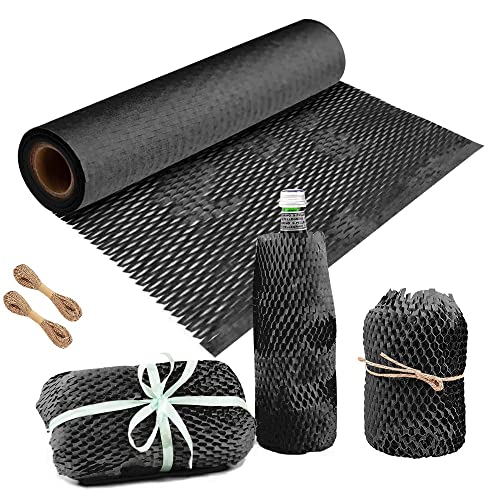 DURANTEY Papel de Nido de Abeja 30cmx 30m Rollo de Envoltura de Burbujas Papel Panel de Abeja Negra Papel Embalaje Nido Abeja con 2 Rollos de Cuerda de Cáñamo para Mudanzas Envío de Objetos Frágiles