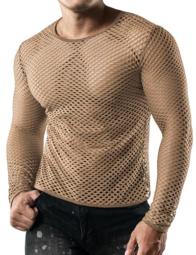 JOGAL Men's Mesh Fishnet Fitted Long Sleeve Muscle Top2