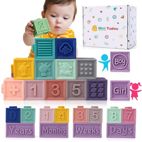 Image of Mini Tudou 14 PCS Baby Blocks Soft Building Blocks Toys w/Milestone Blocks & Play Mat, Educational Squeeze Teether Sensory Toy w/Numbers Animals Shapes Textures for Babies Toddlers Boys & Girls