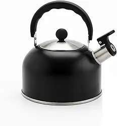 Chaleira de Metal 1,7L com Apito Preto Fosco para Fogão a Gás, Elétrico e Vitrocerâmico – Ideal para Chá e Café, Alça Resistente, Tampa de Segurança, Design Retrô e Moderna