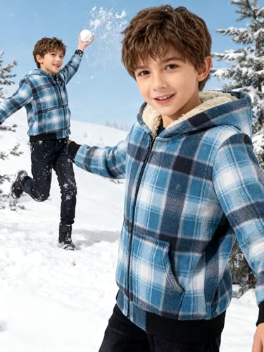 Image of Boys Fleece Jacket with Hood Unisex Child Sherpa Lined Zip Up Warm Coat Hooded Sweatshirt Outerwear