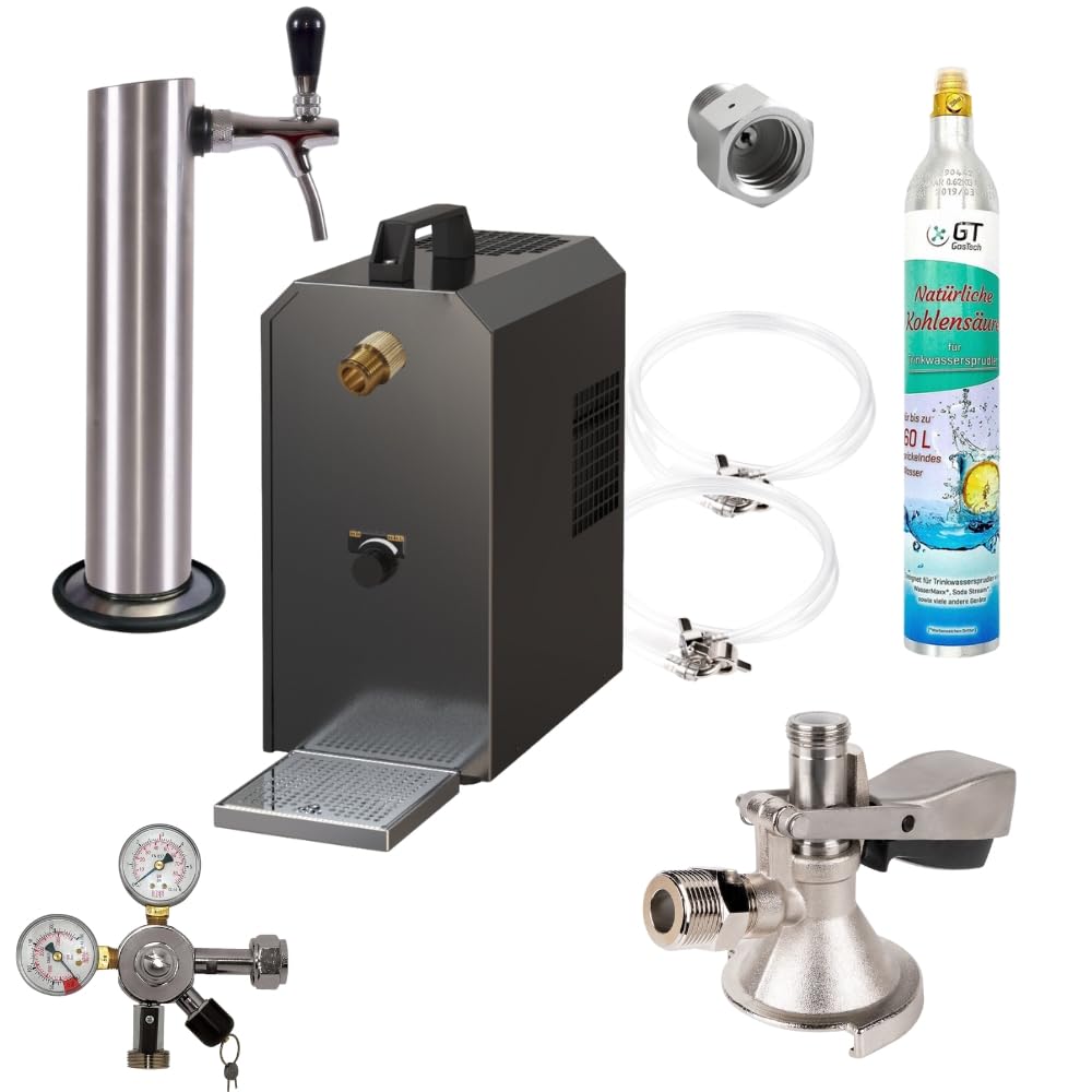 Untertheke Zapfanlage 35l mit Edelstahl Schanksäule, Kompensatorschankhahn, CO², Uhr, Schläuchen und Keg (25l Edelstahl Flach 425g Soda)
