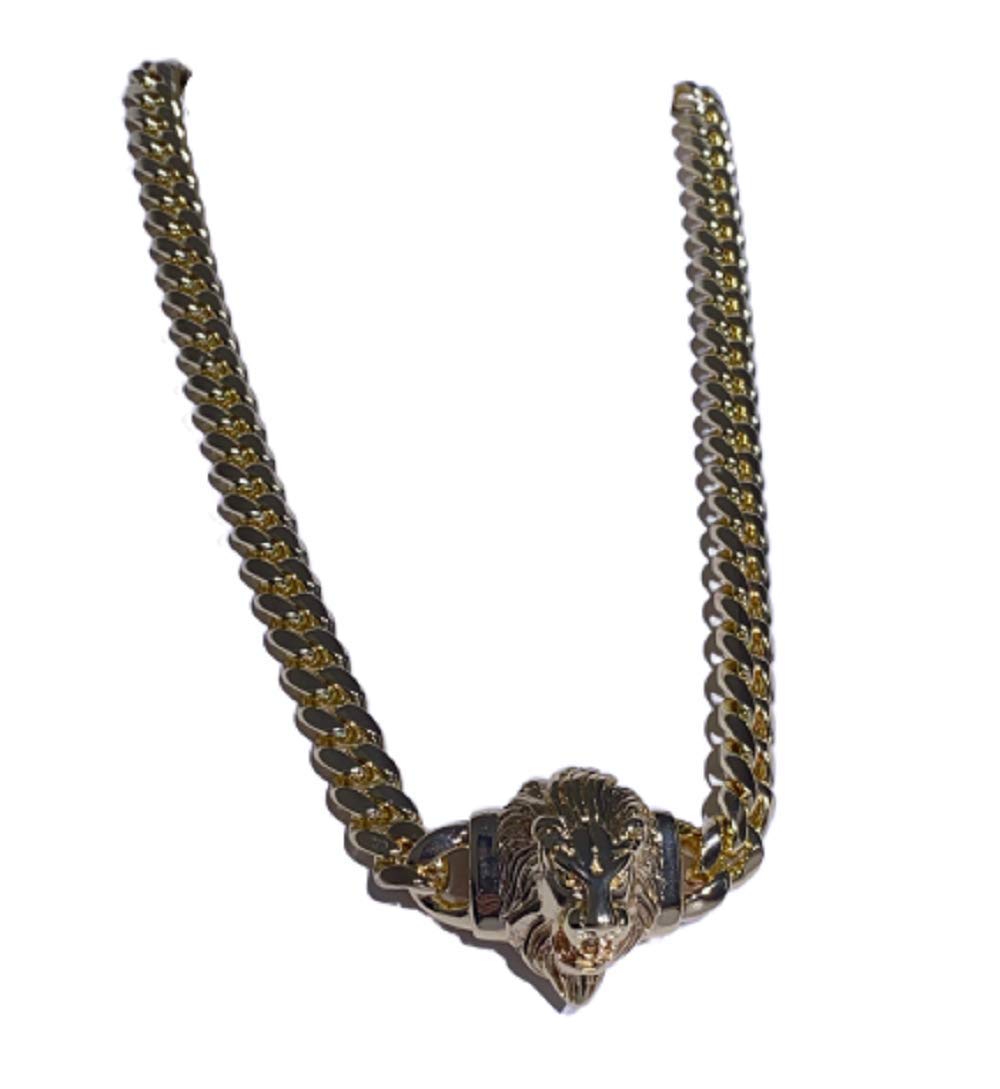 Lion Head Mens Miami Cuban Link Chain Choker Necklace Real Solid 14K Gold Finish Stainless Steel, Cu