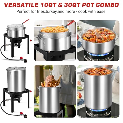 Image of 30QT Turkey Fryer & 10QT Fish Fryer Kit with Baskets and 50,000 BTU Propane Burner Stove, Ideal for Party, Courtyard & Outdoor
