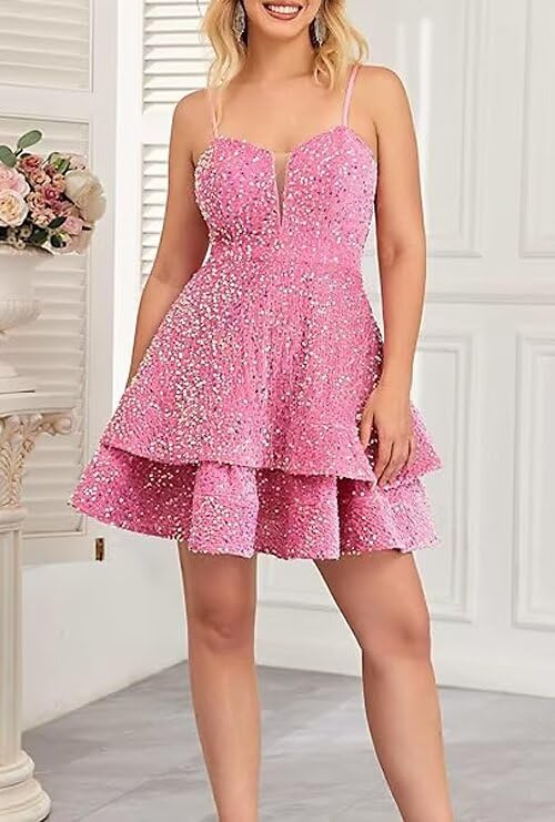 Sparkly Sequin Homecoming Short Tiered Dresses for Teens V Neck Hot Pink Spaghetti Straps Party Gowns Dress2