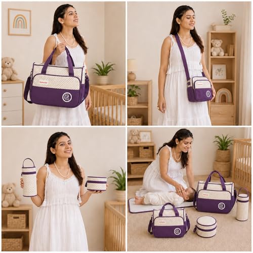 Image of Diaper Tote Bag Set for Mothers for Travel | Shoulder Side Diaper Tote Baby Bag with Changing Station & Insulated Pockets | Waterproof Maternity Diaper Bag for Baby & Mom | 24 L,12 Pockets