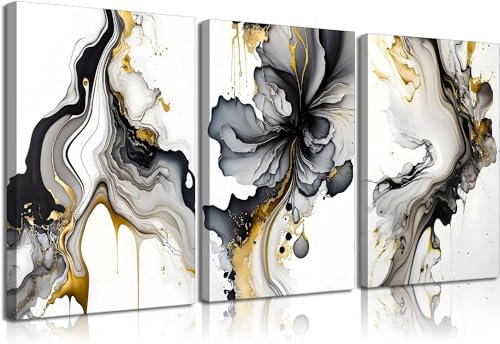 ZQARTZZQ 3 Piece Framed Wall Art Abstract Wall Decor Black Gold and Pictures Marble Fluid Ink Wash Canvas Art Modern Minimalism Paintings Artwork For Living Room Bedroom Office 12x16in