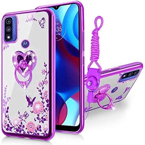 B-wishy for Motorola Moto G Pure Phone Case,Moto G Power 2022 Case for Women,Glitter Butterfly Heart Floral Slim TPU Protective Cover with Kickstand+Strap for Moto G Play 2023(Purple) Cover