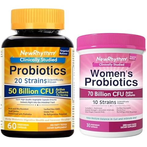 NewRhythm Gut & Feminine Health Bundle, Probiotics 50 Billion CFU & Women's Probiotics 70 Billion CFU, Daily Gut Health & Feminine Care, 90 Capsules Total (Pack of 2) Cover