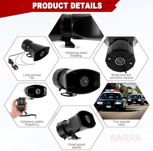 Image of SARRA 7-Tone Police Siren with Mic - 100W Loud Hooter for Cars, Jeeps & SUVs | VIP Emergency Vehicle Siren | High-Powered 12V Component | Car hron | Super Loud Sound |Remote Control Alarm Buzzer