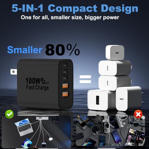 Image of USB C Charger Block, 2-Pack 100W 5-Port USB C Wall Charger iPhone Charger Fast Charging PD Power Adapter+QC Wall Plug Multiport Type C Brick Chargers for iPhone 17 16 15 14 13 Pro Max,Samsung,MacBook