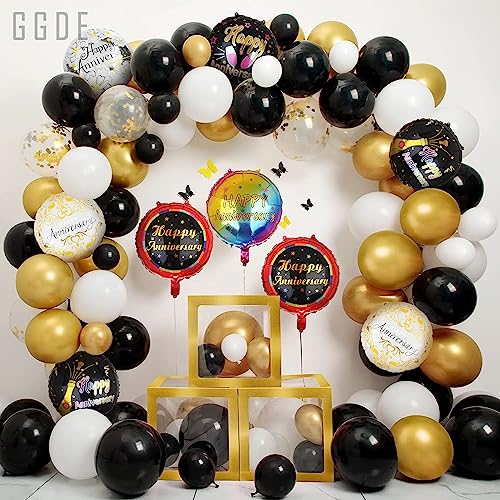 6 Pcs Happy Anniversary Mylar Balloons 18 Inch Round Foil Helium Balloon Birthday Engagement Wedding Celebration Anniversary Party Decorations Supplies Black Red - Image 3