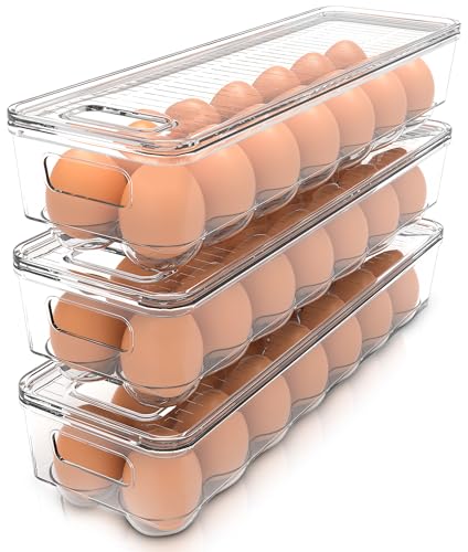Utopia Home Egg Container With Lid and Handle for Refrigerator - Pack of 3 - Clear Stackable Egg Holder for Kitchen Storage and organization