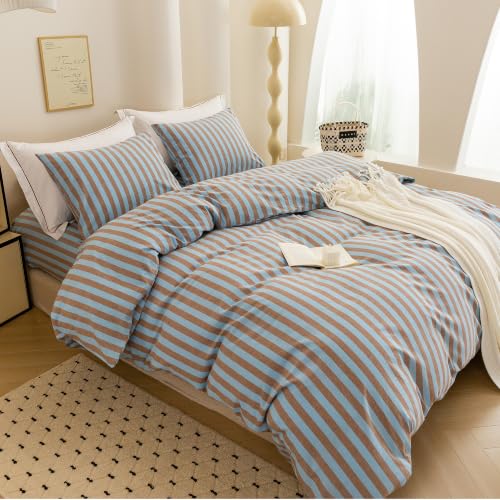Image of Retro Blue Brown Striped Duvet Cover Set, Soft & Comfortable Durable King
