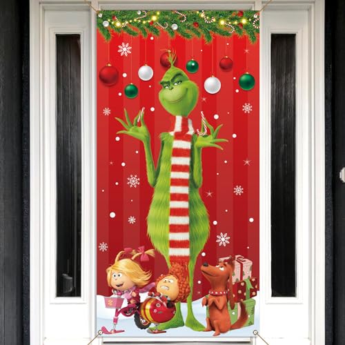 Sunwer Merry Green Christmas Door Cover Whoville Winter Holiday Party Decoration Front Porch Sign Backdrop Banner for Home Indoor Outdoor Decor