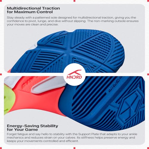 Image of Hundred Hyper Spike Badminton Shoes | Indoor Court Footwear | Active Grip Non-Marking Sole | X-Cushion Midsole | Support Plate Stability | Professional Performance (White /Blue /Orange /Lime)