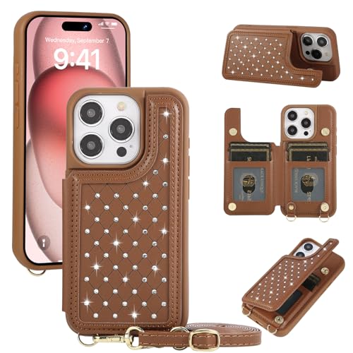 Étui portefeuille iPhone 14 Pro marron diamant avec bandeau crossbody réglable